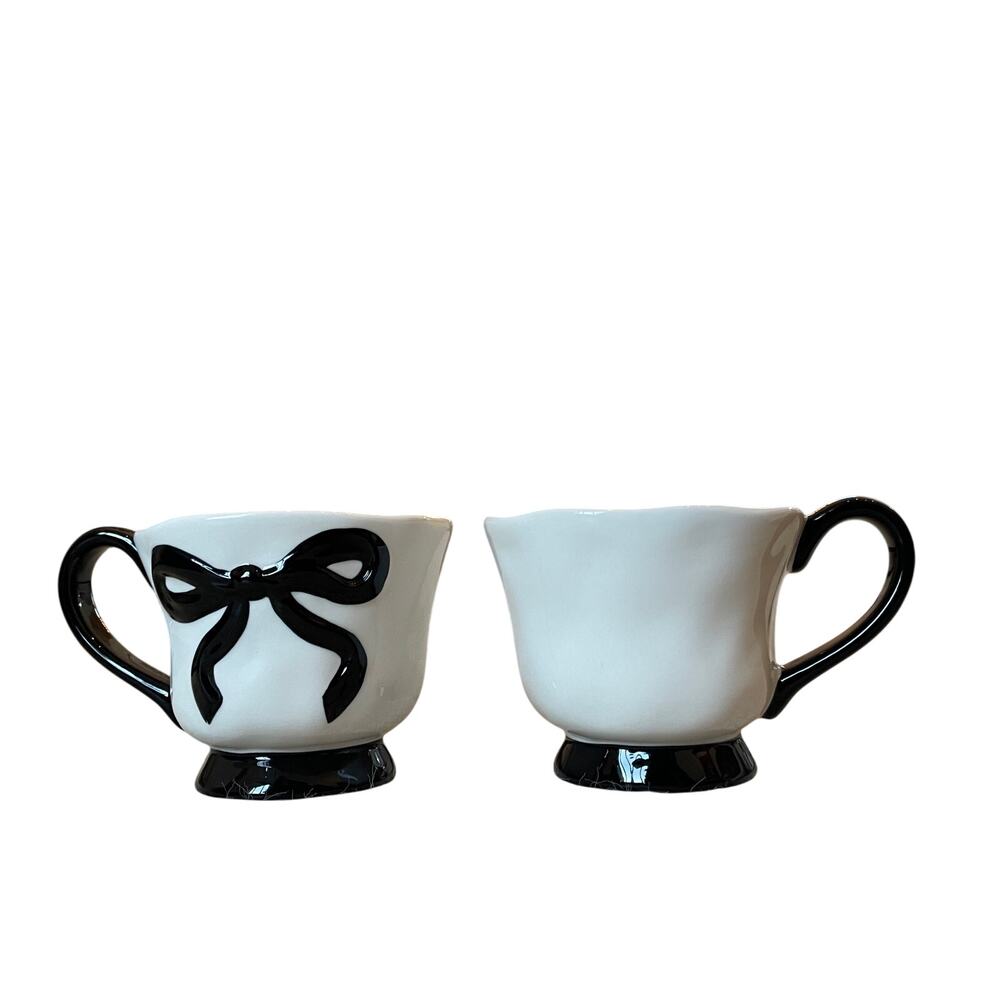 Hand Painted BLACK BOW Mug Set of 2 Christmas Holiday Glam New